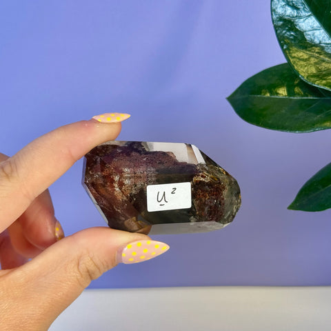 Hand holding a dark red and clear Garden Quartz free form with a white U2 label.