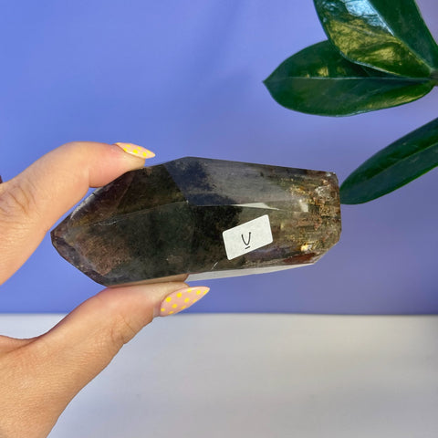 Hand holding a dark, free-form Garden Quartz crystal with natural inclusions and a "V" label.