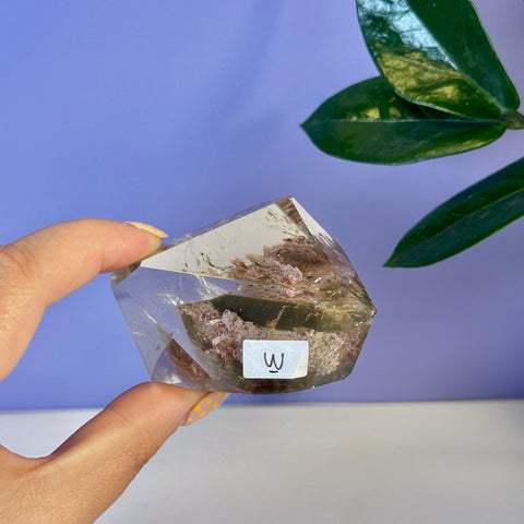 Clear Garden Quartz Free Form crystal, variant W, with green and pink mineral inclusions.