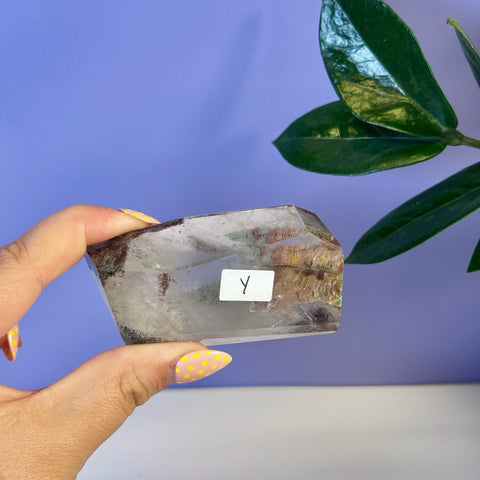 Hand holding a clear garden quartz free form crystal with earthy inclusions and a "Y" label.