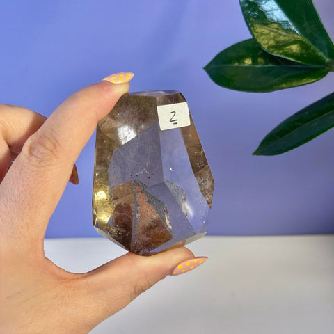 Hand holding a translucent brown Garden Quartz Free Form crystal, variant Z.
