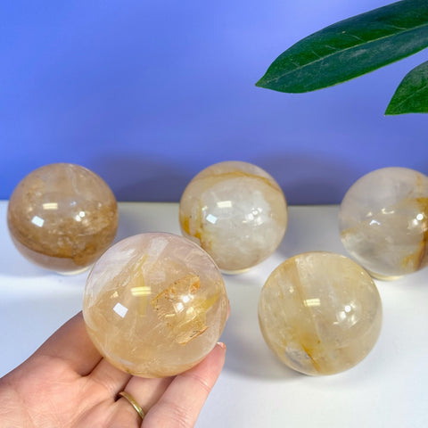 Hand holding a Girasol Golden Healer sphere with four more spheres in the background.