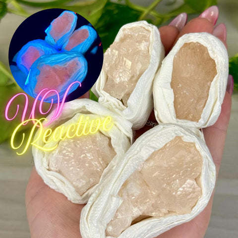 Grapefruit Mangano Calcite specimens, light pink-orange, some wrapped in white, with UV glow inset.