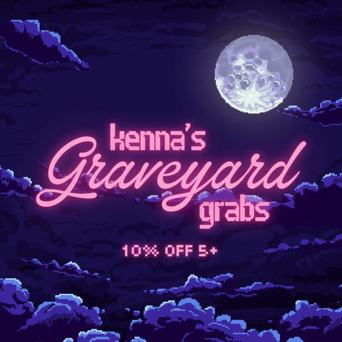 Pixel art night sky with a full moon, dark clouds, and neon pink text reading Kenna's Graveyard Grabs 10% off 5+.