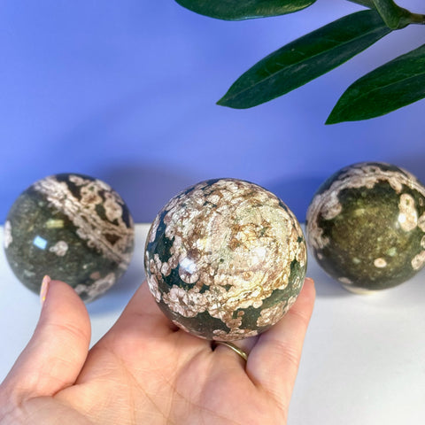 Hand holding a polished green cherry blossom jasper sphere with white floral patterns.