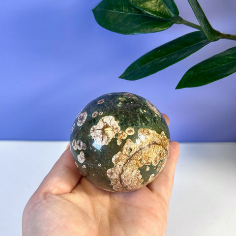Hand holding a polished green cherry blossom jasper sphere with white and brown patterns.