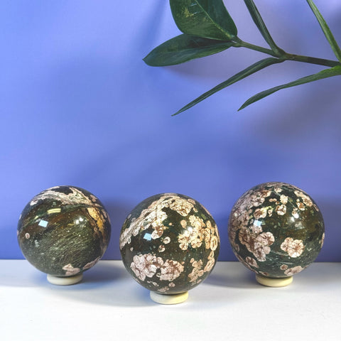 Three dark green Cherry Blossom Spheres with pink floral patterns on white stands, against a purple wall.