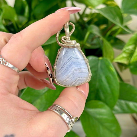 Hand Wire - Wrapped Agate Pendant Blue Lace Agate - B (Silver) 11 - Kenna's Crystals from TikTok