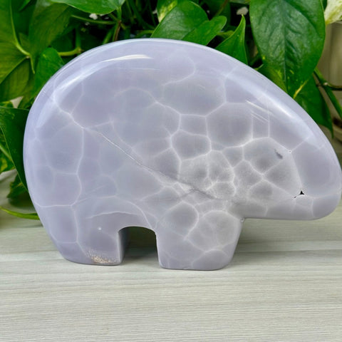 Lavender fluorite bear carving with a unique white web-like pattern, against green leaves.