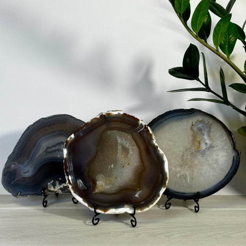 Three imperfect agate slabs in varying shades of brown, grey, and white, displayed on black stands.