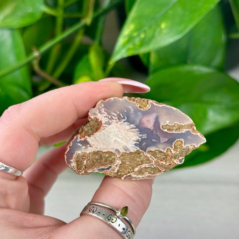 Rough-edged agate slice with white, purple, and brown natural patterns, held by fingers with rings.