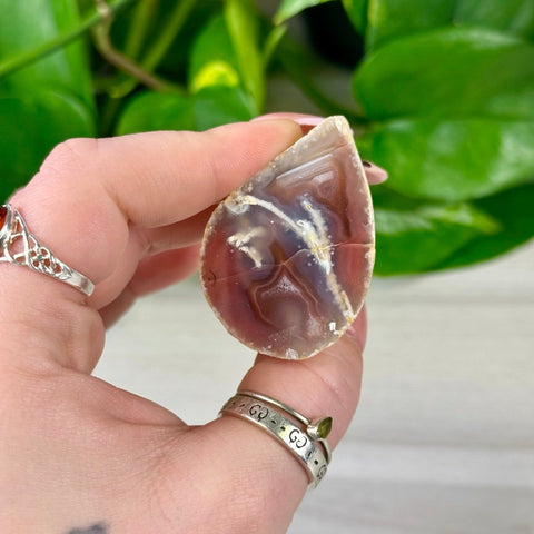 Teardrop-shaped individual agate with deep red, white, and brown bands, held against green foliage.