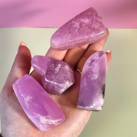 Hand holding four juicy pink aragonite free forms with wave-like patterning.
