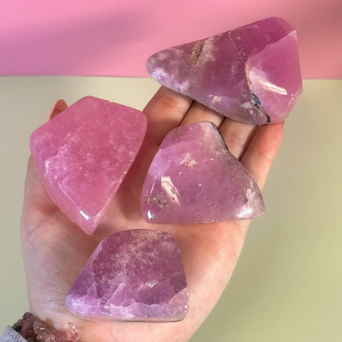 Hand holding four juicy pink aragonite free forms with wave-like patterning.
