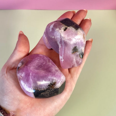 Hand holding two juicy pink aragonite free forms with wave-like patterns and dark inclusions.