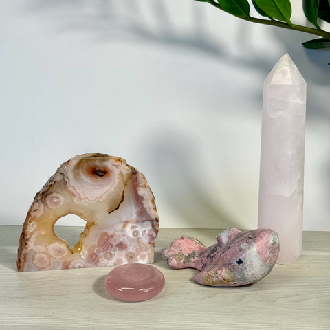 Kenna's Stylized Imperfect Bundle: Pink agate geode, rose quartz whale, polished rose quartz, and crystal tower.