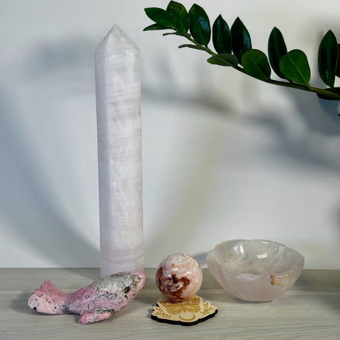 Kenna's Stylized Imperfect Bundle: pink crystal tower, carved whale, sphere, and bowl with wood coaster.