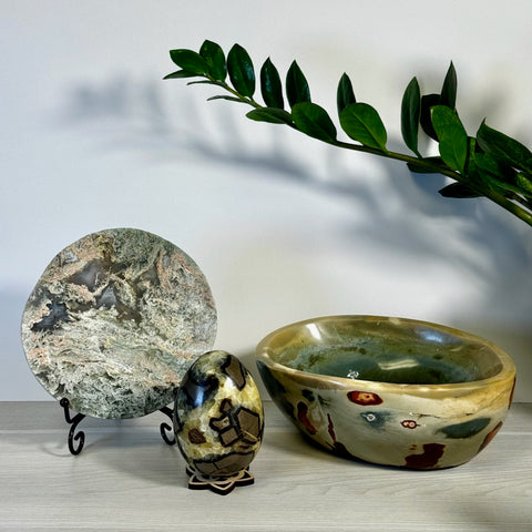 Kenna's Stylized Imperfect Bundle: green, brown, and white crystal slab, egg, and bowl.