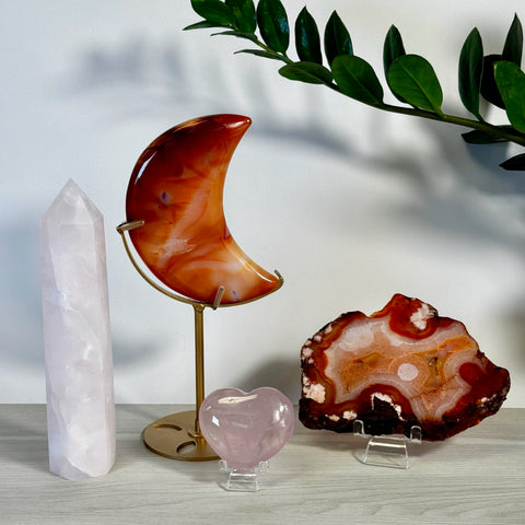 Kenna's Imperfect Bundle: Rose quartz tower & heart, polished carnelian moon, and a natural agate slice.