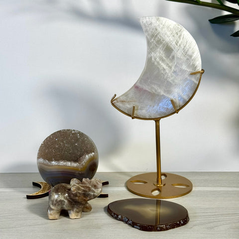 Kenna's Stylized Imperfect Bundle: Moonstone crescent, amethyst geode, carved elephant, and agate coaster.