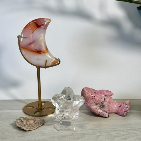 Kenna's Stylized Imperfect Bundle: Carnelian moon, clear quartz star, pink rhodonite dolphin, and raw crystal.