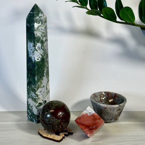 Kenna's Stylized Imperfect Bundle: Green moss agate tower, red dragon's blood jasper sphere, red jasper cube, and a grey agate bowl.