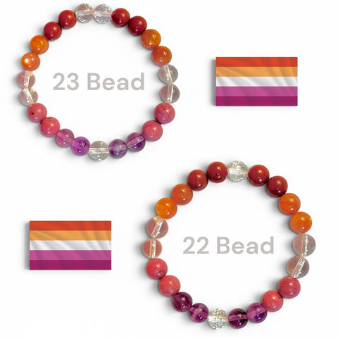 WLW Pride bracelets with red, orange, pink, purple, and clear beads, shown in 23 and 22 bead counts.