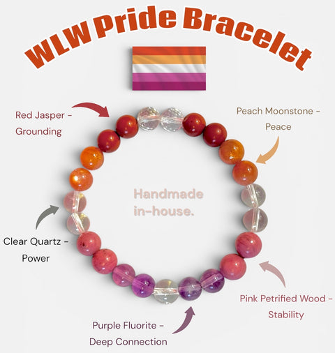 Handmade WLW Pride bracelet with red jasper, peach moonstone, clear quartz, pink petrified wood, and purple fluorite beads.