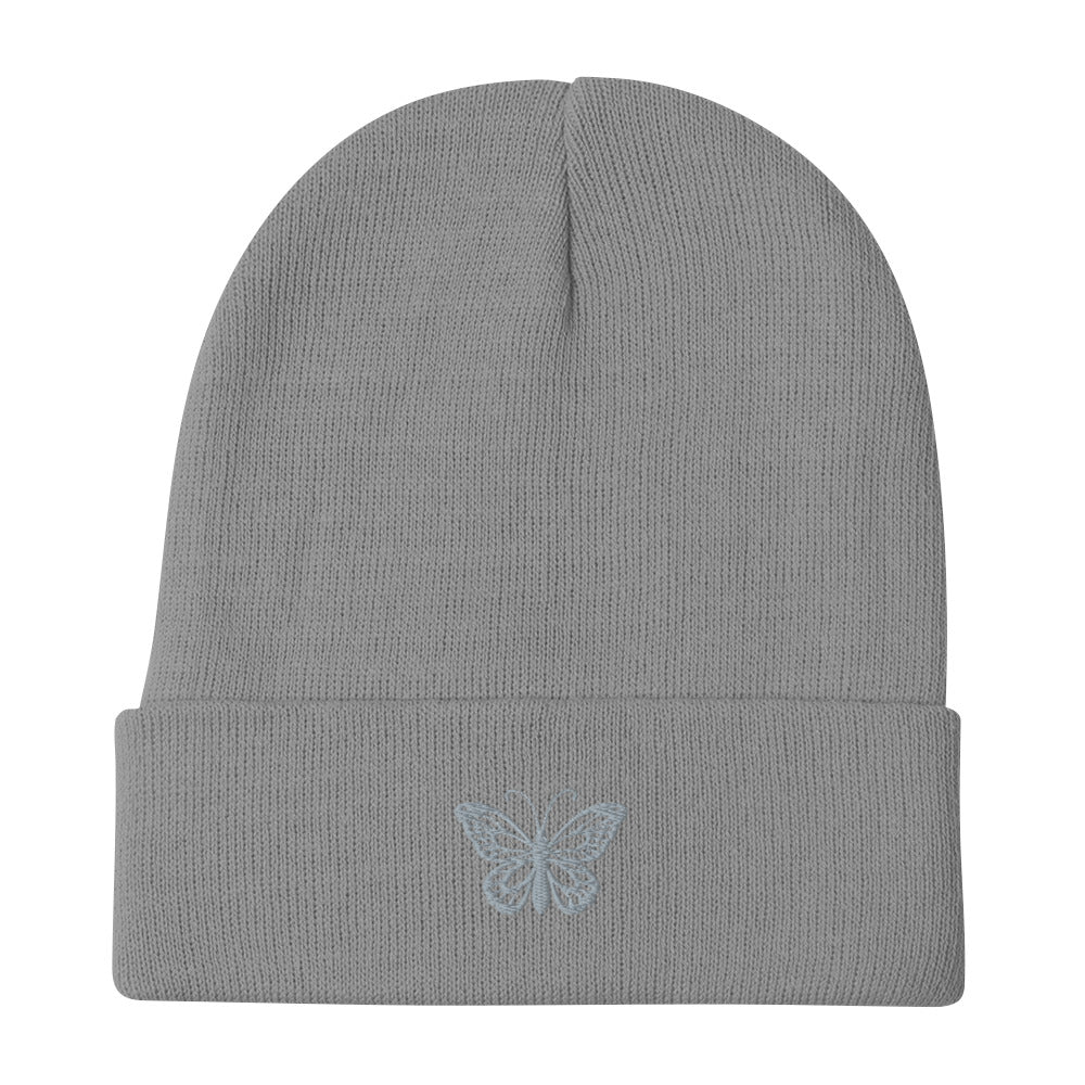 Grey Beanie Embroidered Butterfly