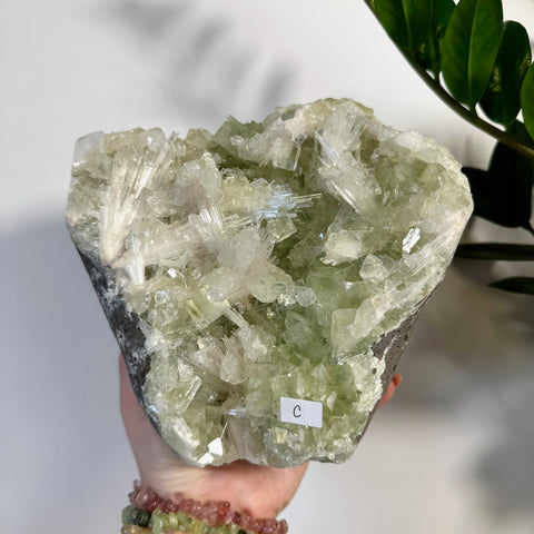 Minty green apophyllite and white scolecite crystal cluster, held in hand.