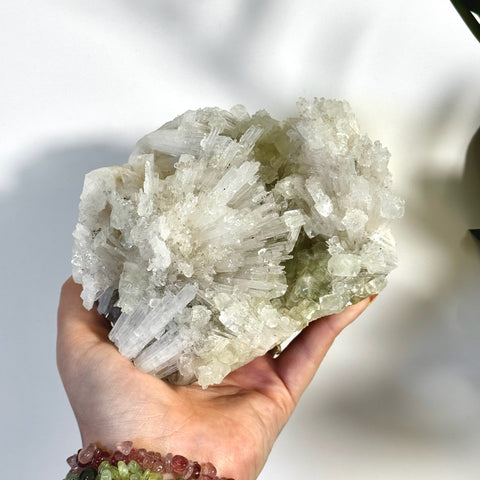Minty green apophyllite with scolecite crystal cluster held in hand, showing spiky formations.