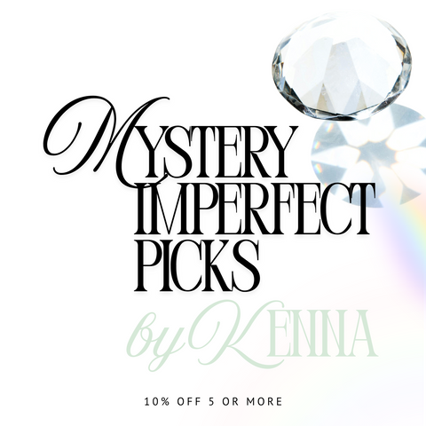 White background with "Mystery Imperfect Picks by Kenna" text and a faceted clear crystal casting a rainbow shadow.