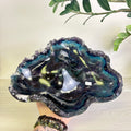 Polished fluorite bowl featuring deep purple and teal swirling patterns with a natural, rough-hewn crystalline edge.