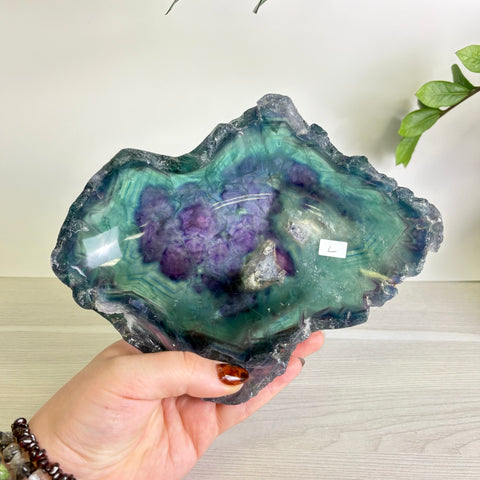 Hand-carved fluorite bowl featuring vibrant purple and teal banding with a polished, organic crystal edge.