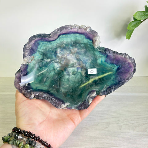 Handheld polished fluorite bowl featuring vibrant teal and deep purple bands with a natural, raw crystal edge.