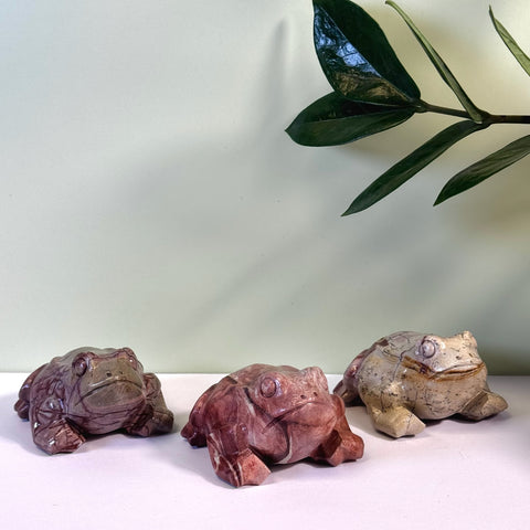 Three carved stone frogs in varying shades of red, brown, and cream, with a plant in the background.