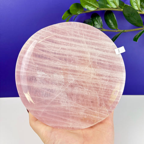 Handheld circular rose quartz plate with natural pink veining and a polished finish against a blue background.