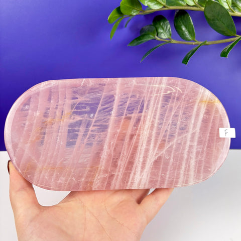 Oval rose quartz crystal plate with natural pink veining held in a hand against a purple and white background.