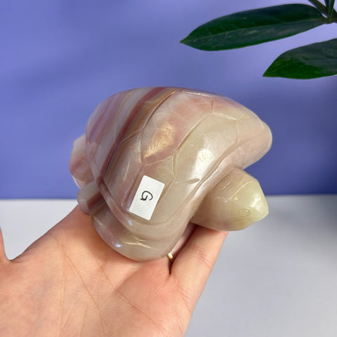 Pink banded onyx turtle carving with G label, held in a hand.