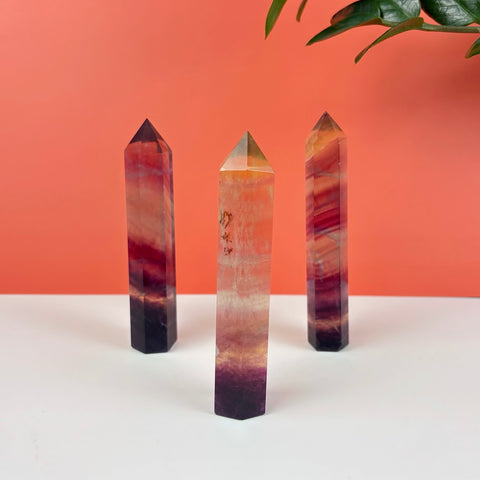 Three polished Poison Candy fluorite crystal towers with purple, pink, and yellow bands on a white surface.