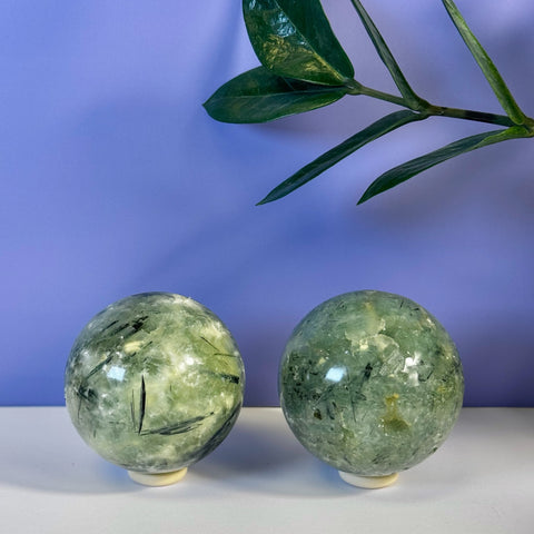 Two polished green Prehnite spheres with black tourmaline inclusions on white stands, against a purple wall.
