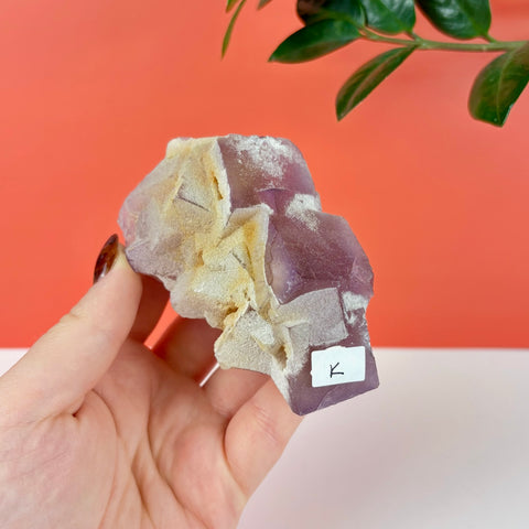 Hand holding a raw purple prism fluorite crystal with natural beige mineral inclusions and a small white label.