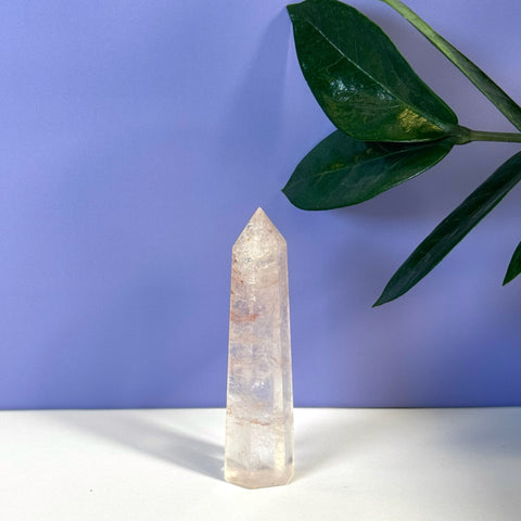 Rainbow Pink Fire Azeztulite Tower, a clear crystal with pink and orange hues, pointed top.