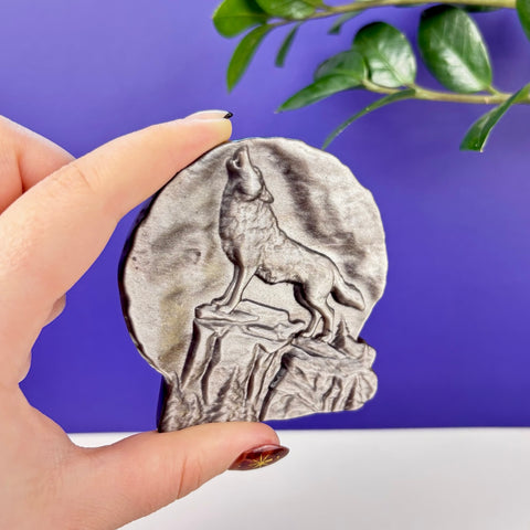 Silver Sheen Obsidian Howling Wolf - Kenna's Crystals