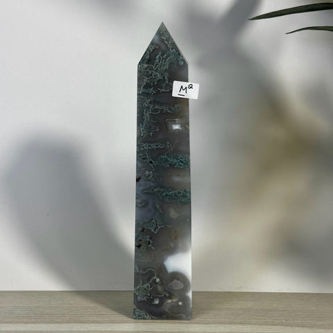 Tall, polished moss agate tower with green and white patterns, M2 variant.