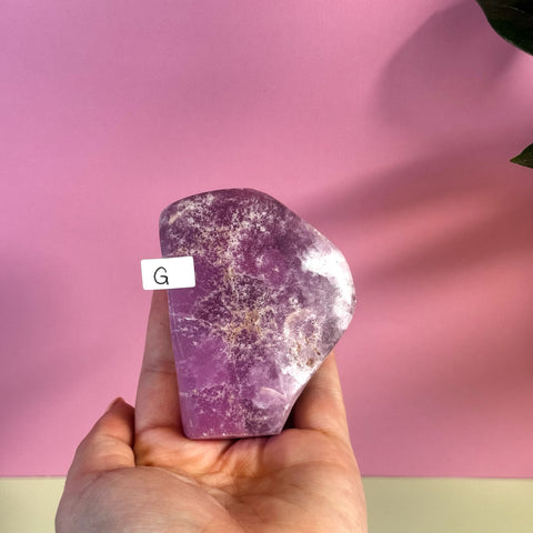 Hand holding a Statement Pink Aragonite Free Form crystal, variant G, against a pink background.