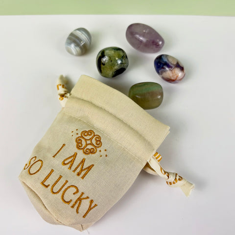 Small beige cotton-linen drawstring pouch with gold embroidery and five polished crystals on a white surface.