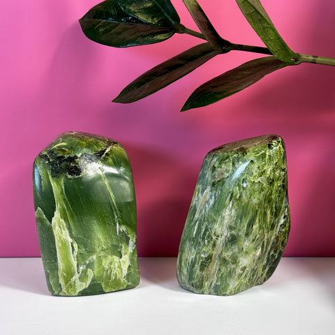 Two polished, free-form tremolite stones in varying shades of green with natural dark inclusions.