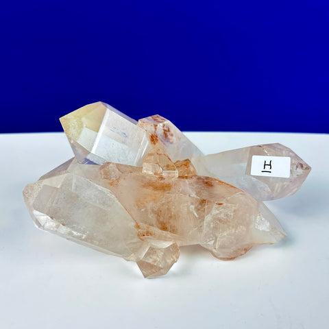 Raw Himalayan quartz cluster with clear, pointed crystals and warm iron-oxide inclusions on a white surface.