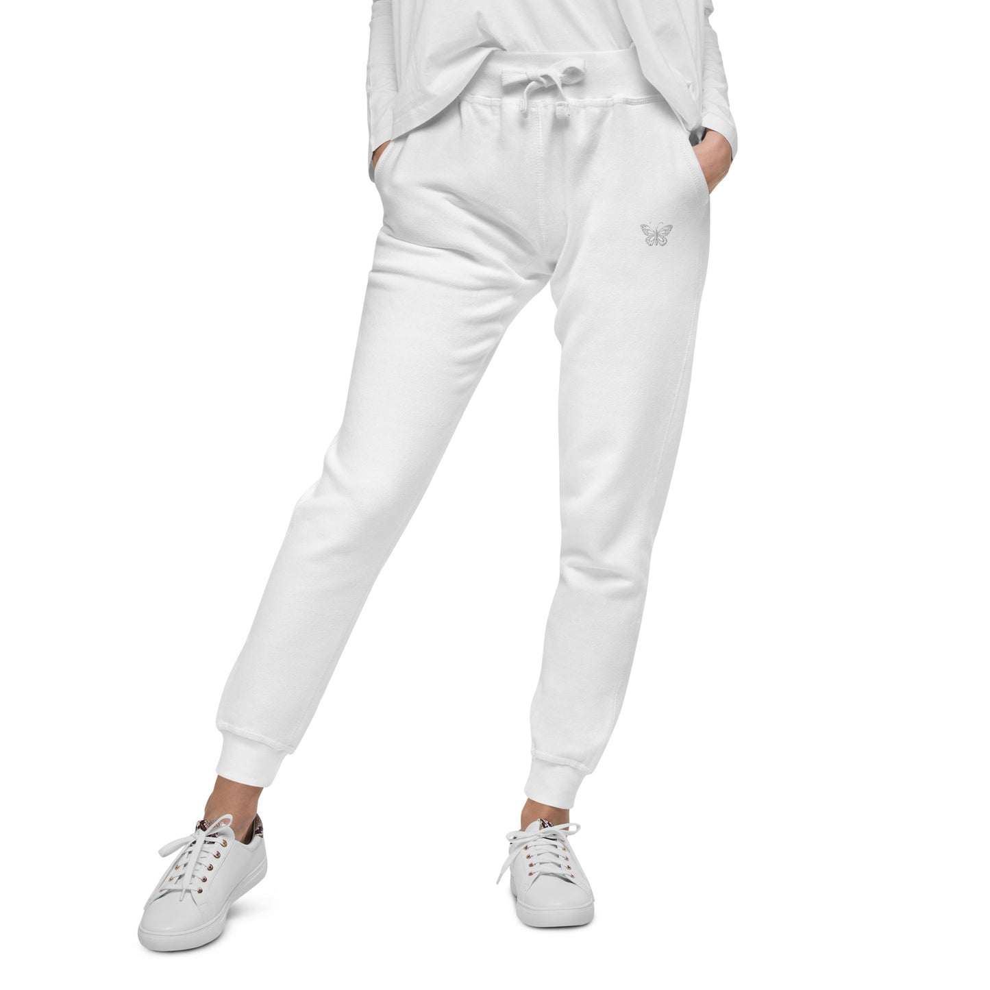 White Unisex Fleece Sweatpants Embroidered Butterfly